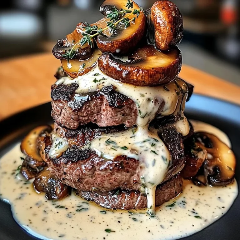 Beef And Mushroom Stack With Thyme Feta Cream Sauce