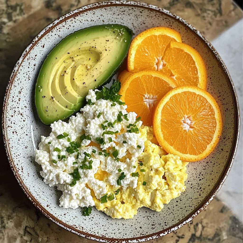 Avocado, Scrambled Eggs & Cottage Cheese Plate with Fresh Orange