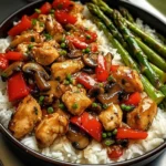 Garlic Chicken & Mushroom Stir-Fry with Asparagus & Rice