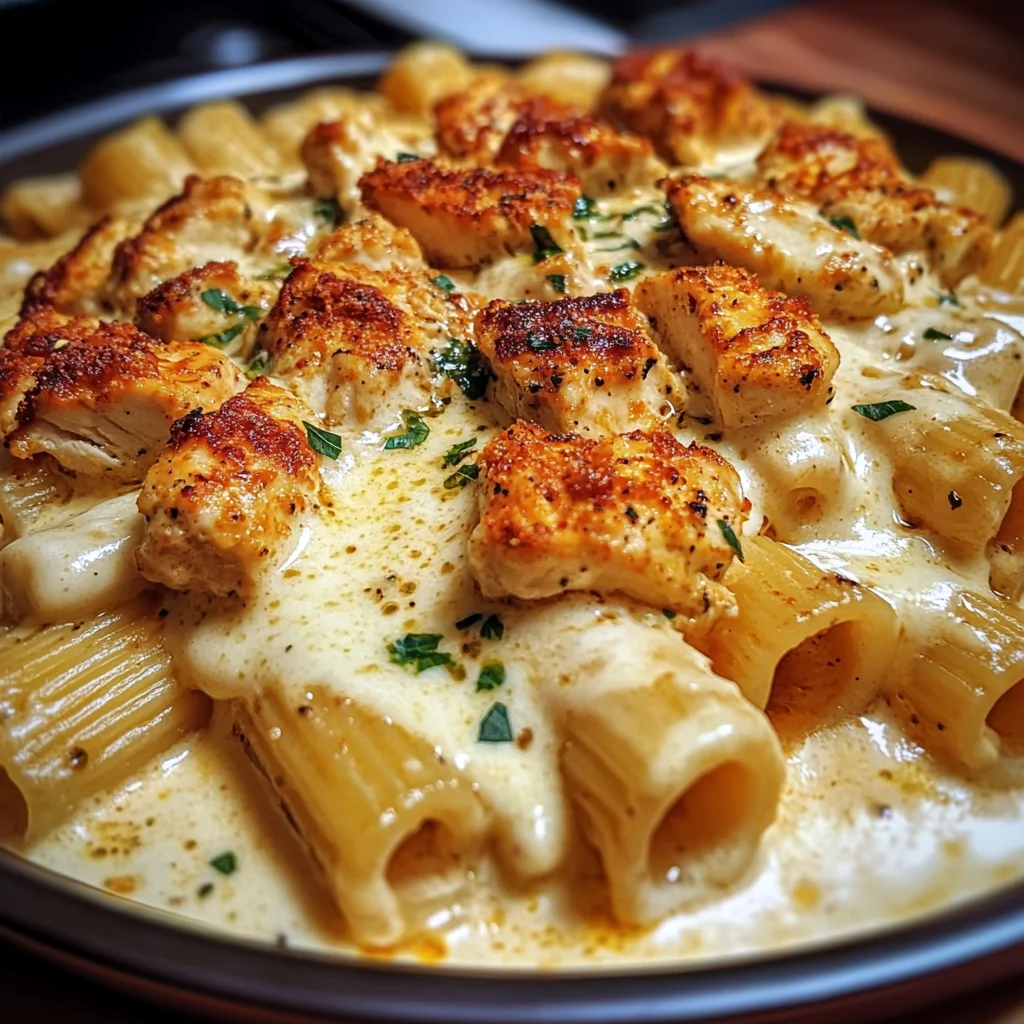 Mozzarella Cajun Chicken Rigatoni in Garlic Cheese Sauce