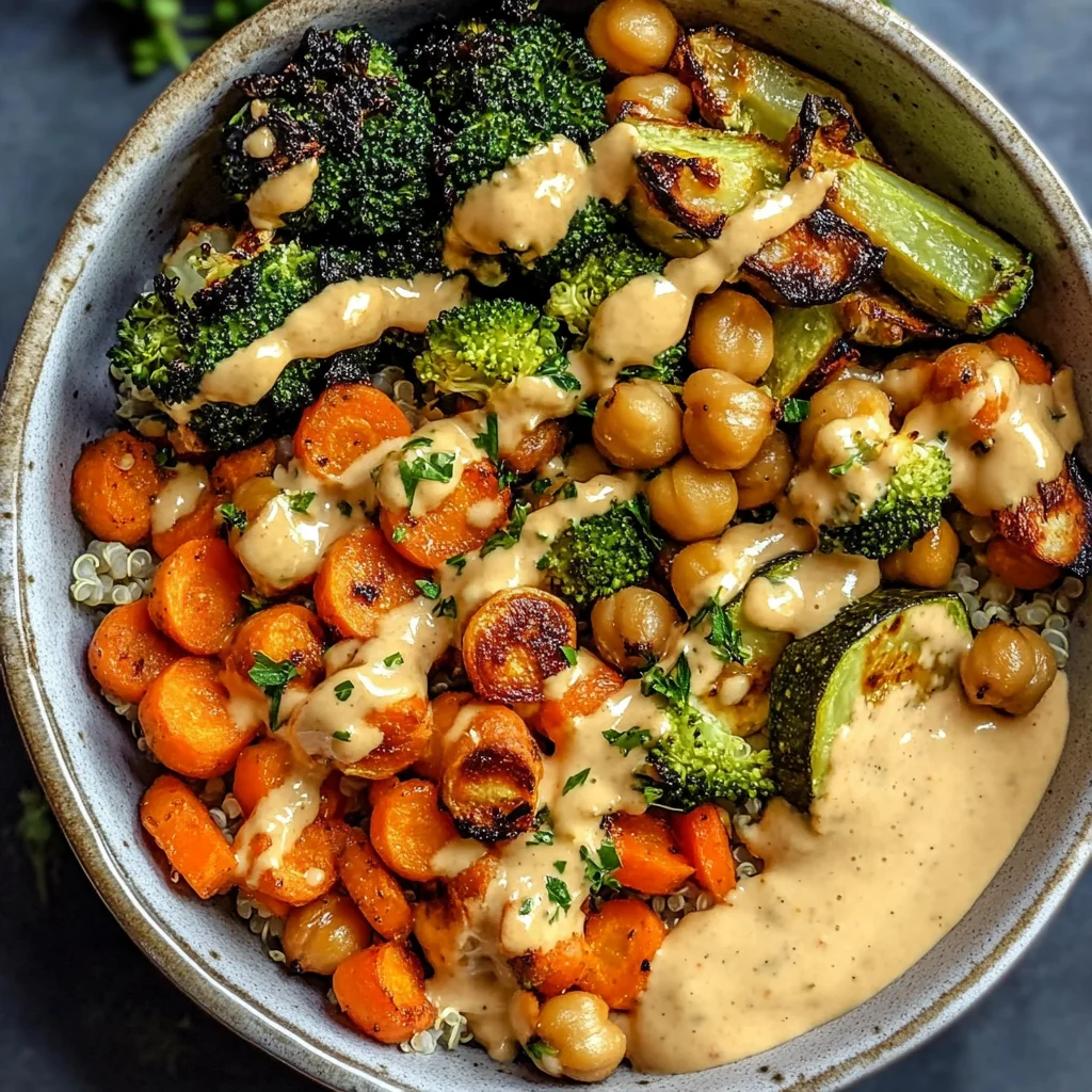 Roasted Veggie Chickpea Bowls with Maple Dijon Tahini Dressing