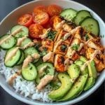 Spicy Chicken Rice Bowl with Avocado & Cucumber Salad